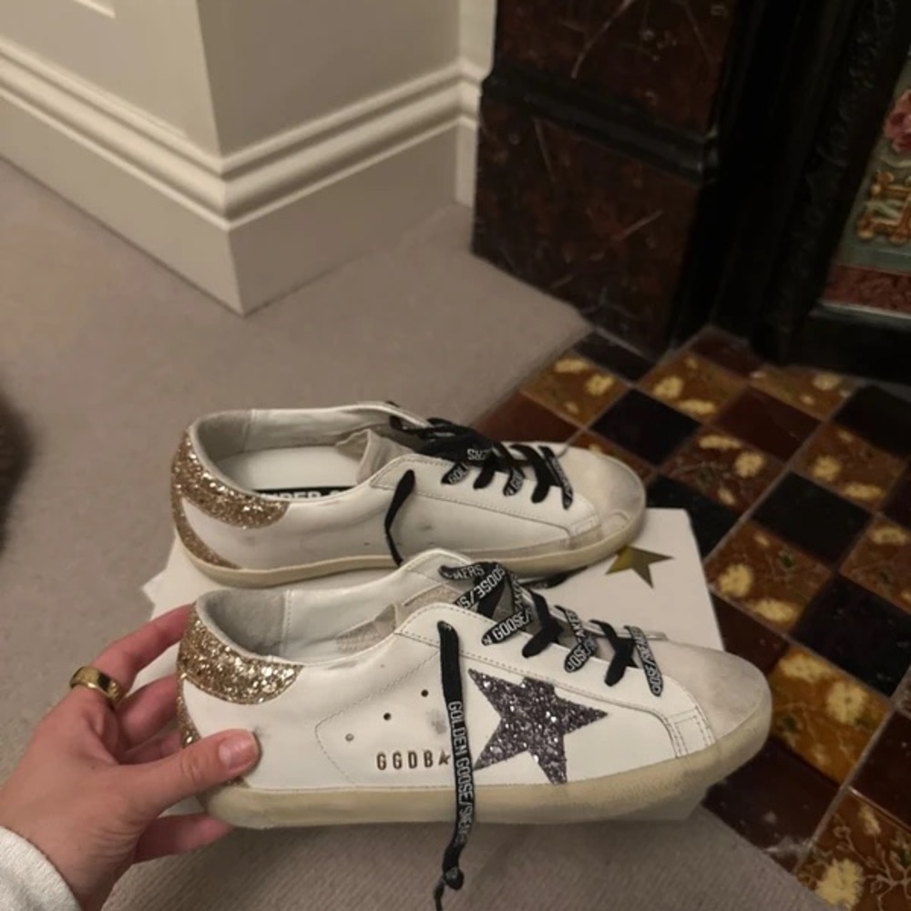 Golden Goose White Sneakers with Glitter Gold Heel and Black Star